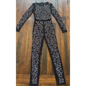 Black Rhinestone Embellished Festival Bodysuit, Women's size Large